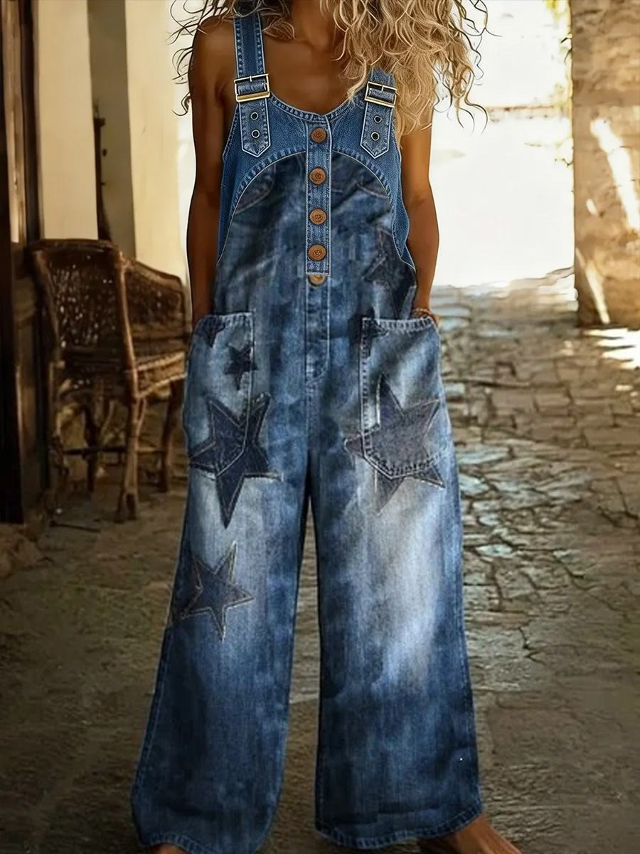 Women's Retro Floral Color-Blocked Art Print Washed Cotton Denim Patchwork Jumpsuit